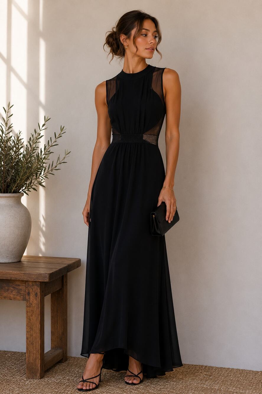 Betsy Adam Black Mesh Illusion Mesh Cut Out Maxi Dress Womens 0 Formal Black Tie